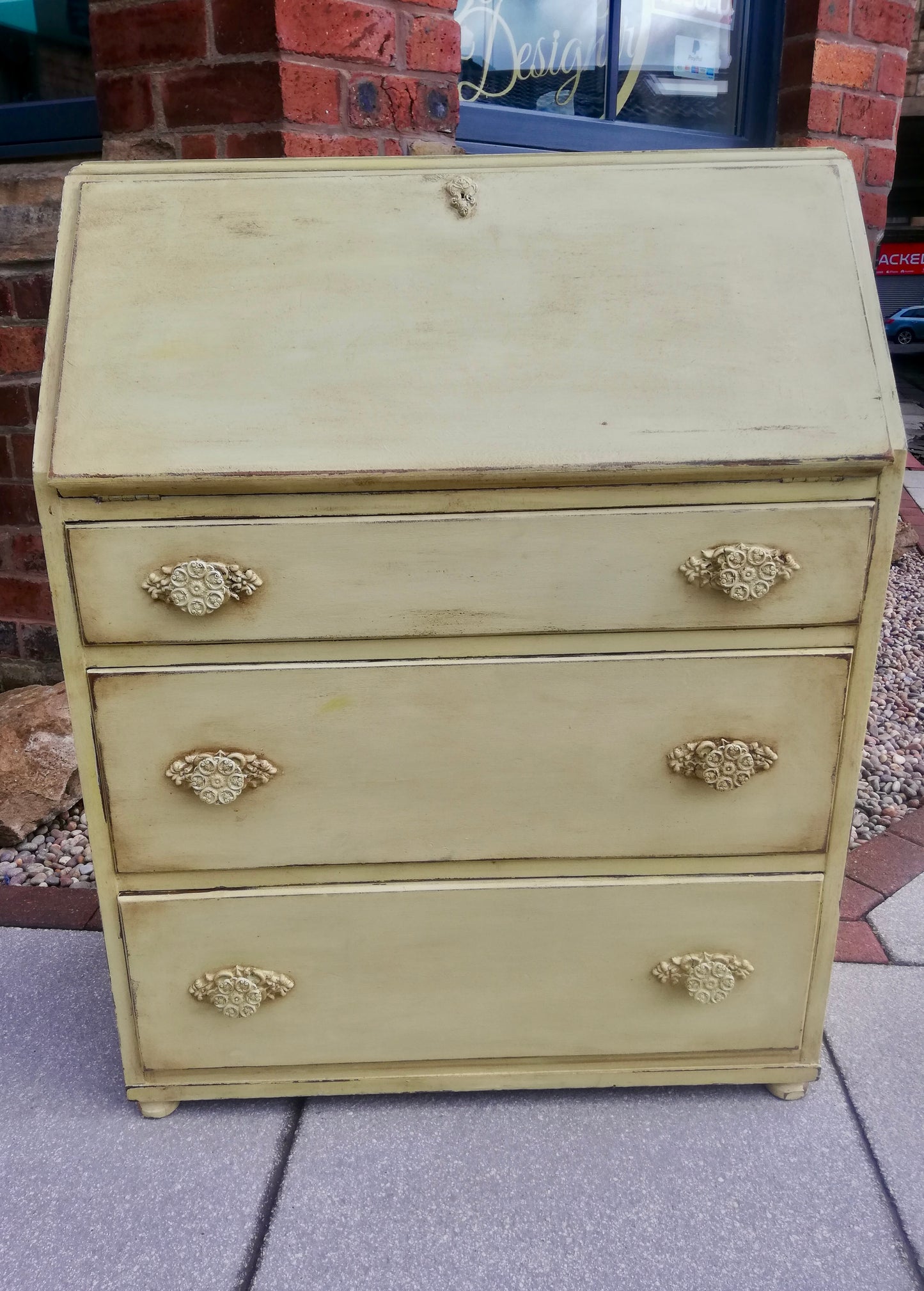 Vintage writing bureau painted in soft creamy yellow and antique waxed to finish