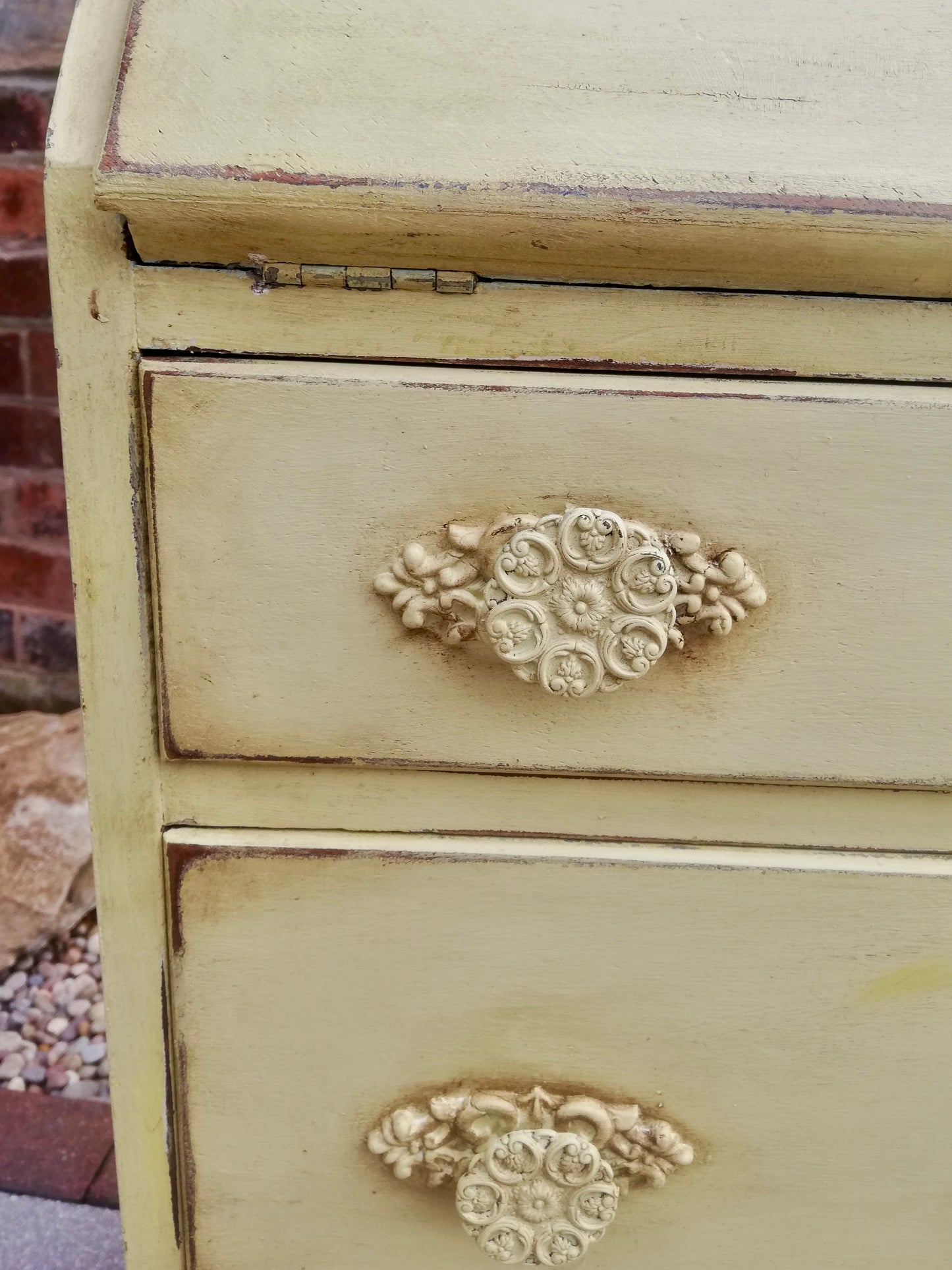 Vintage writing bureau painted in soft creamy yellow and antique waxed to finish