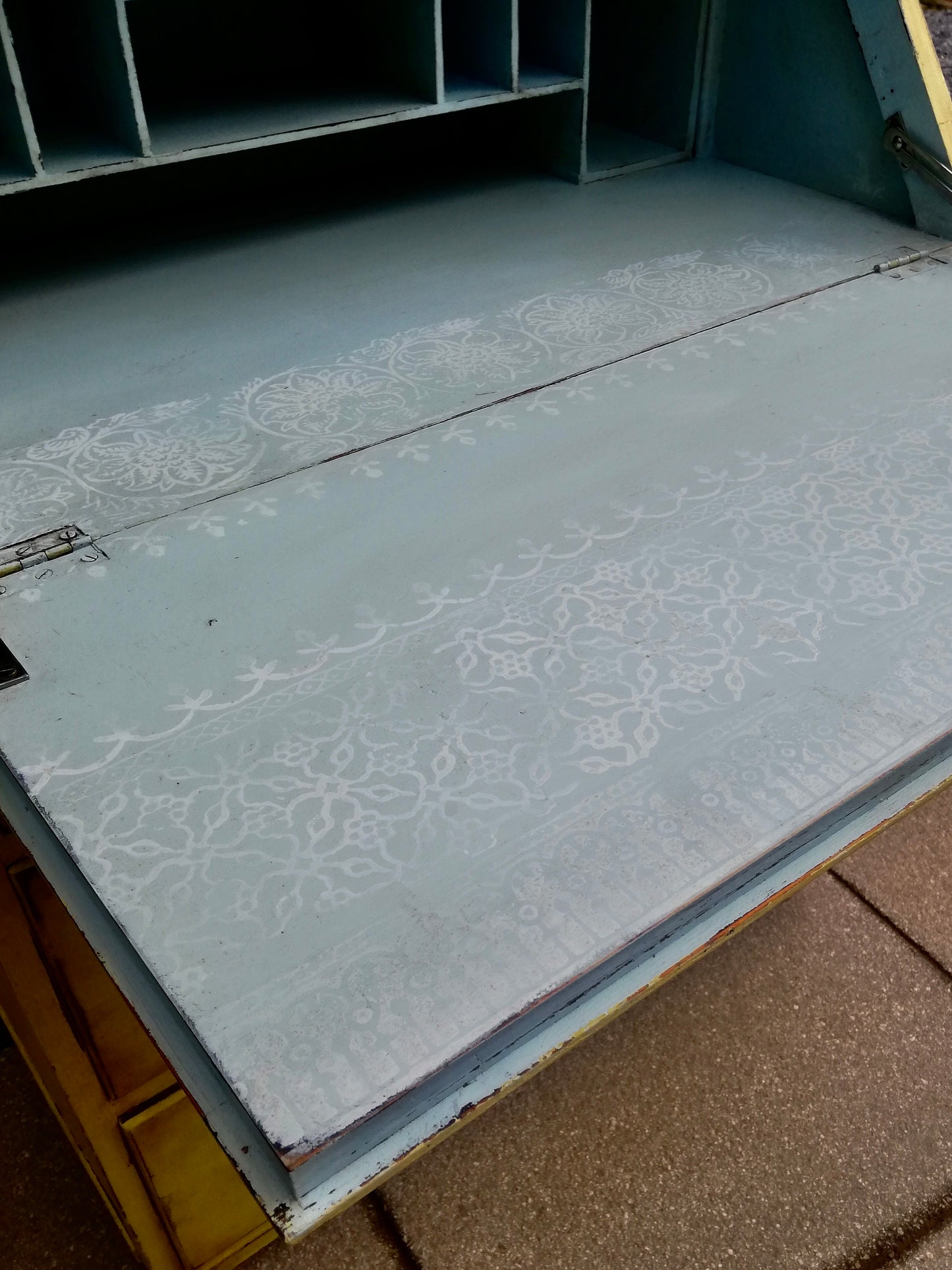 Vintage writing bureau painted in soft creamy yellow and antique waxed to finish