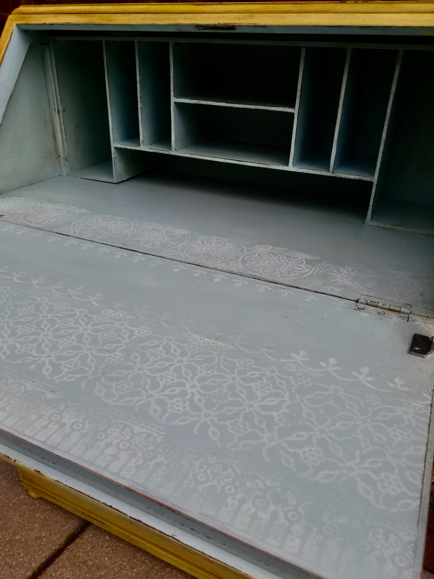 Vintage writing bureau painted in soft creamy yellow and antique waxed to finish