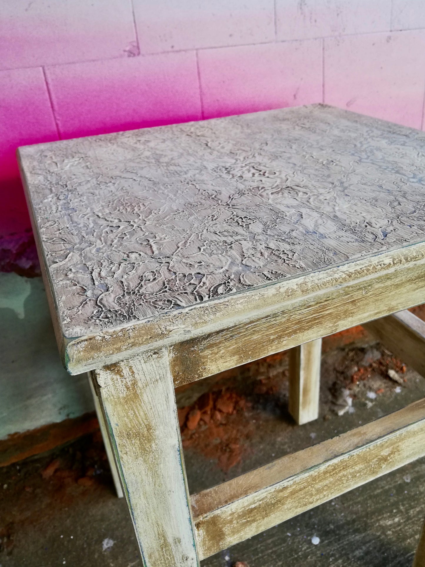 Painted and embossed side table / stool