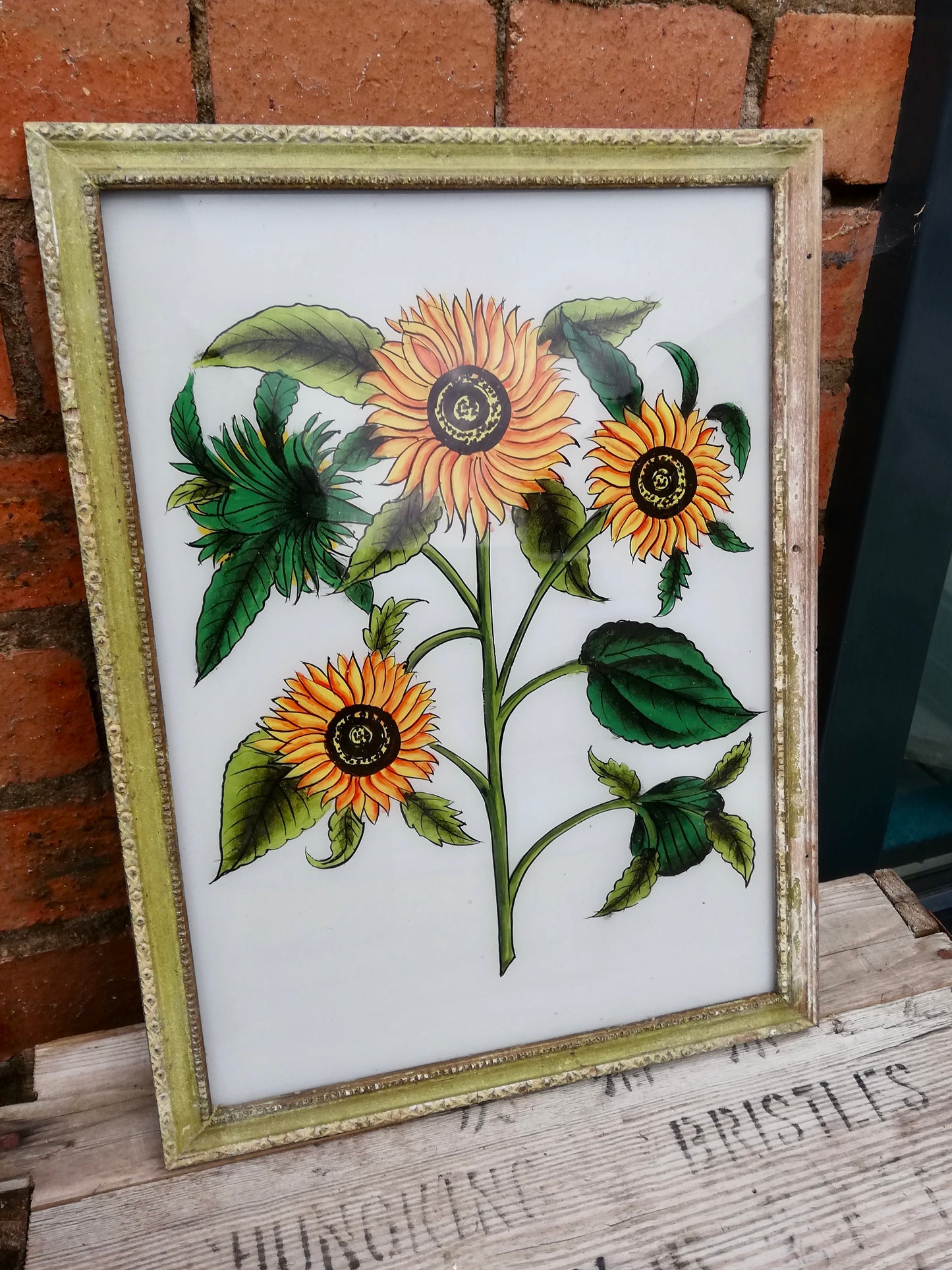 Large Vintage glass painting of sunflowers in a beautiful original frame