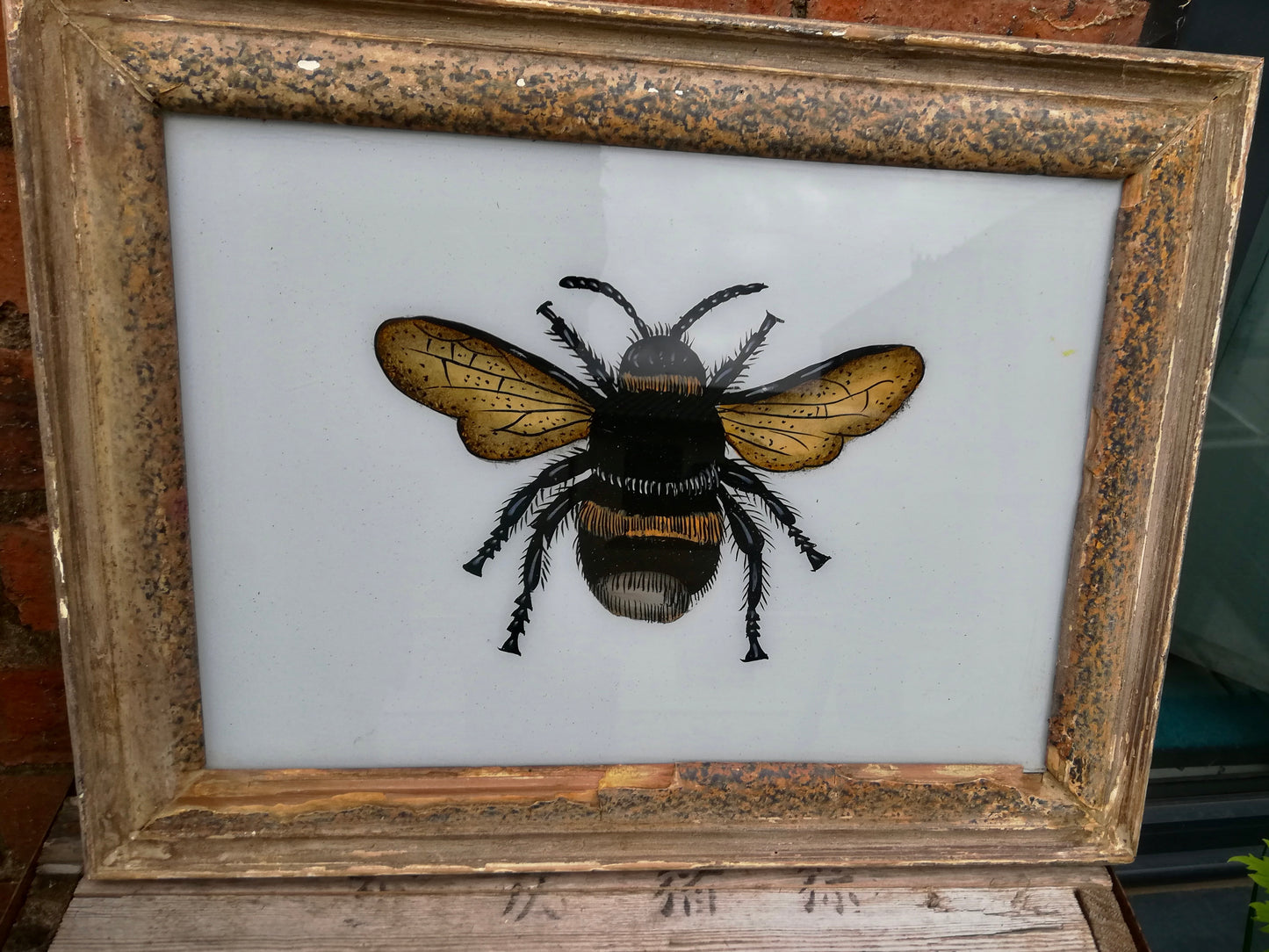 Large Vintage glass painting of a Bee in a beautiful original frame
