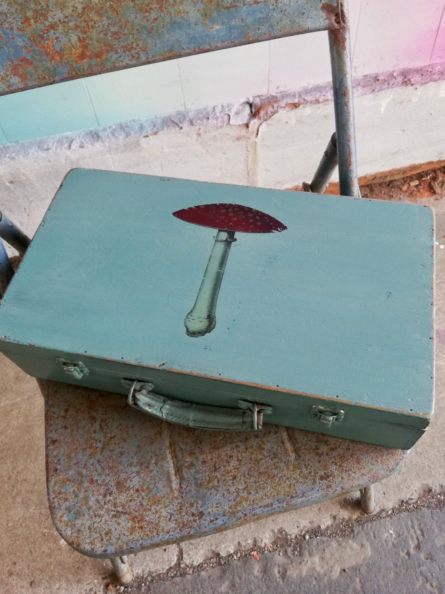 Vintage wooden mini suitcase with Fly Agaric Mushroom Design