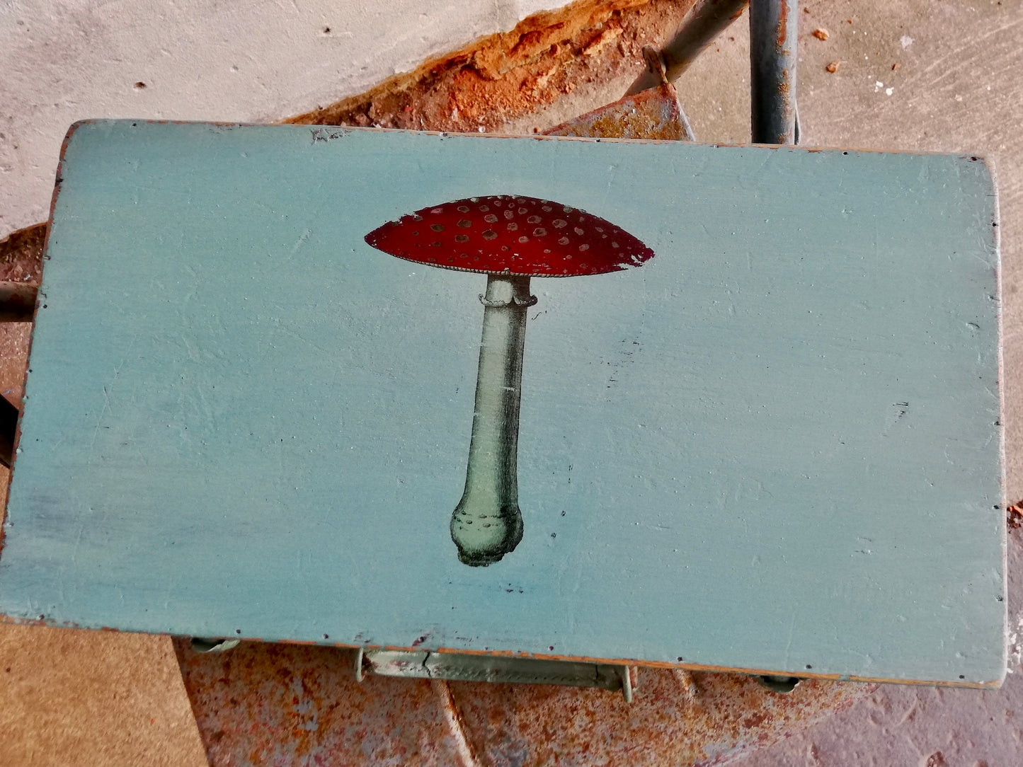 Vintage wooden mini suitcase with Fly Agaric Mushroom Design