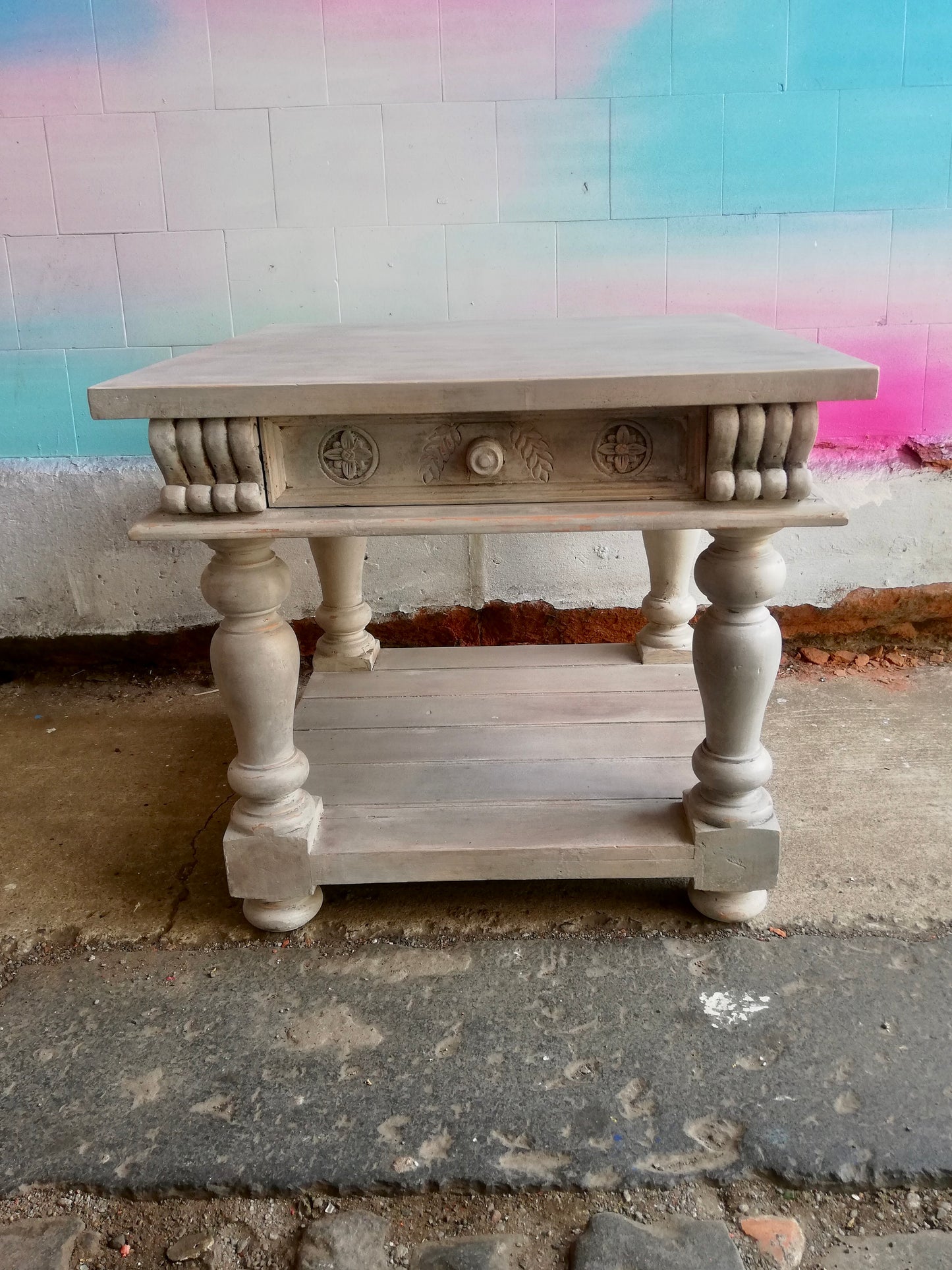 reserved Vintage hand painted ornate carved coffee table in soft stone colours