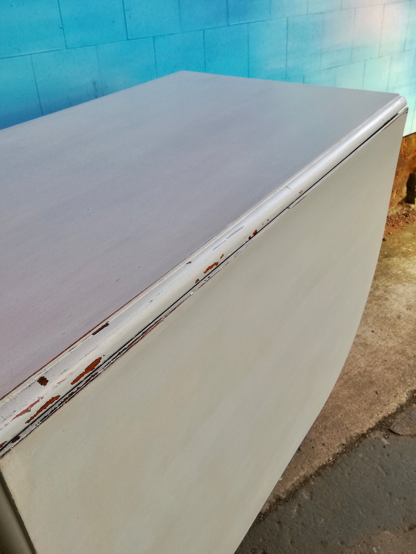 Commission for Joanne Large Vintage drop-leaf table painted in layers of Milk Paint