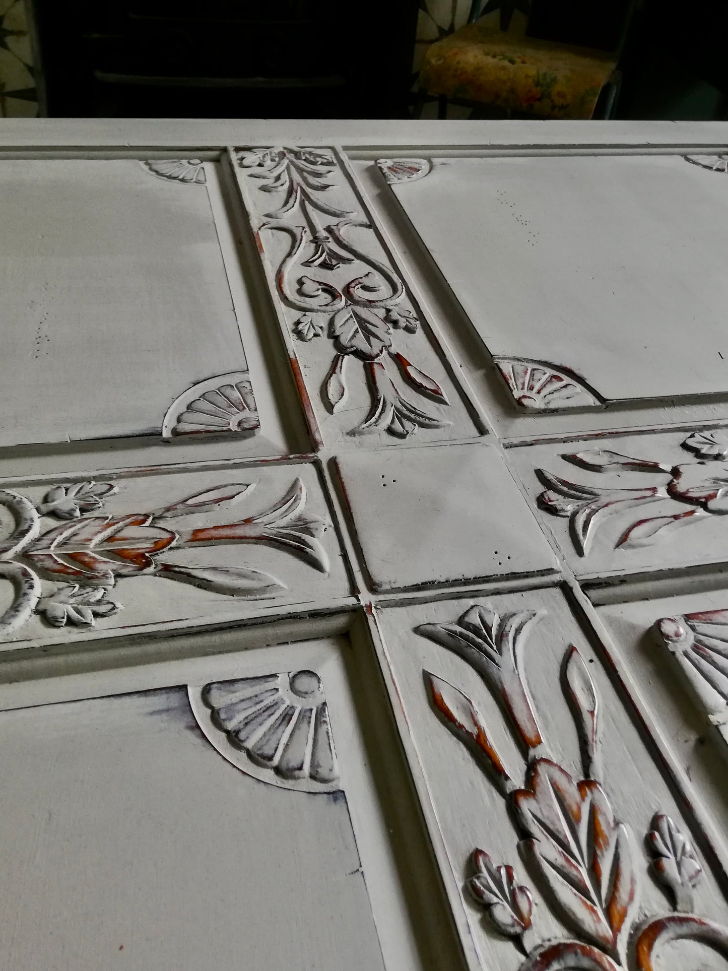 Vintage hand painted carved coffee table in soft Paris Grey Annie Sloan Chalk Paint