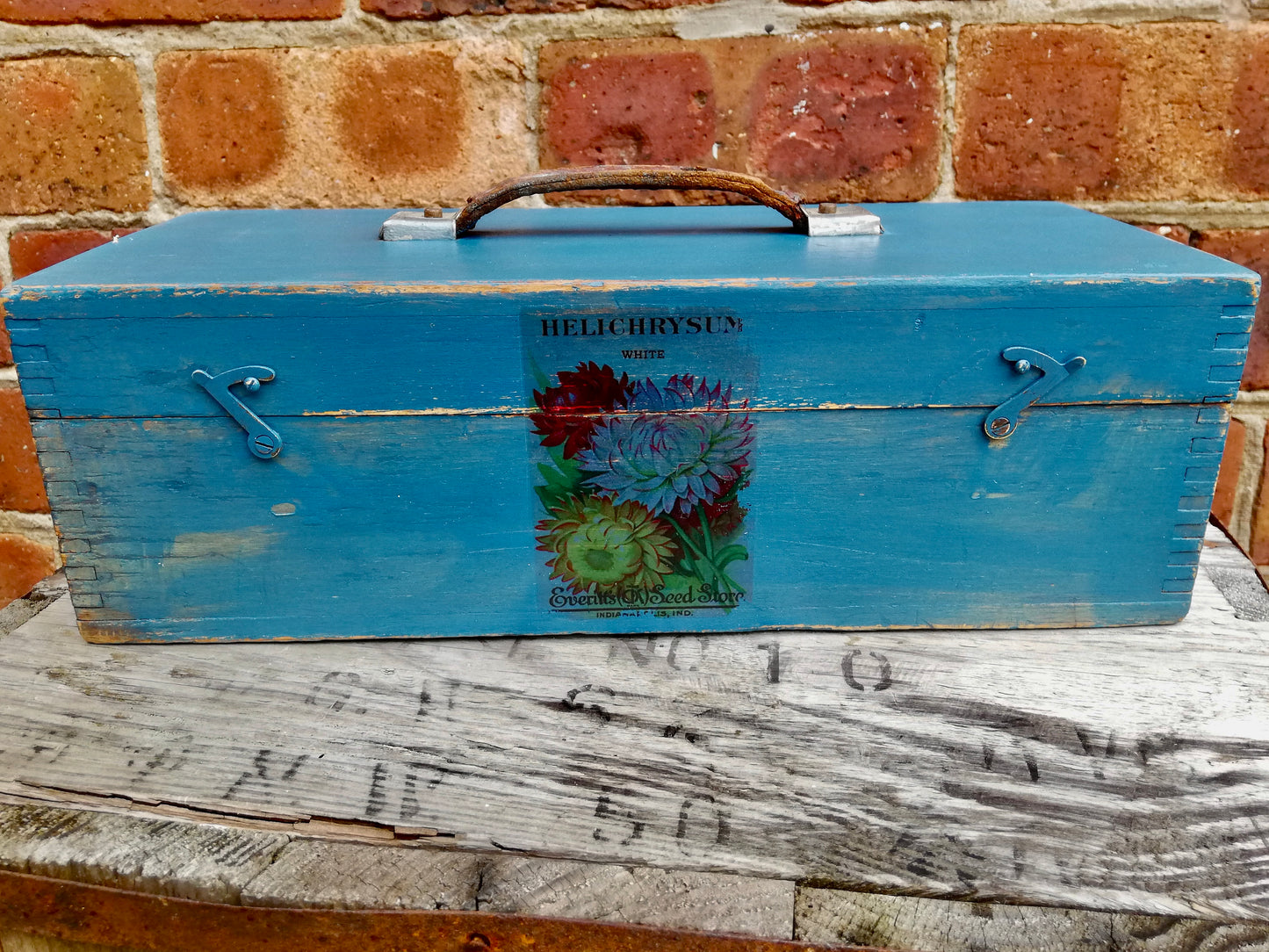 Vintage wooden lidded tool box painted in flow blue milk paint