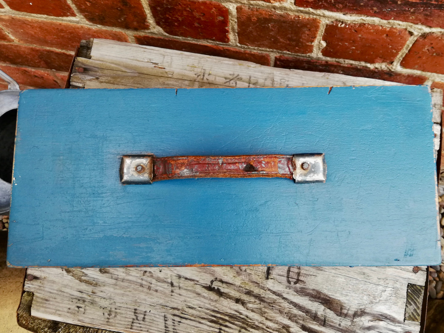 Vintage wooden lidded tool box painted in flow blue milk paint