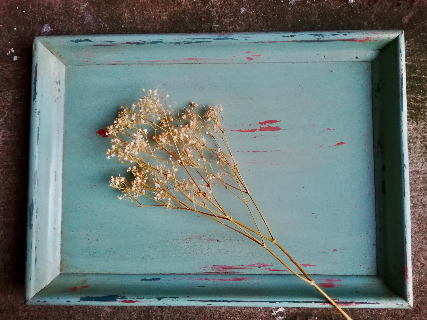 Big solid wooden serving tray hand painted in layers of crackled and chippy Milk Paint