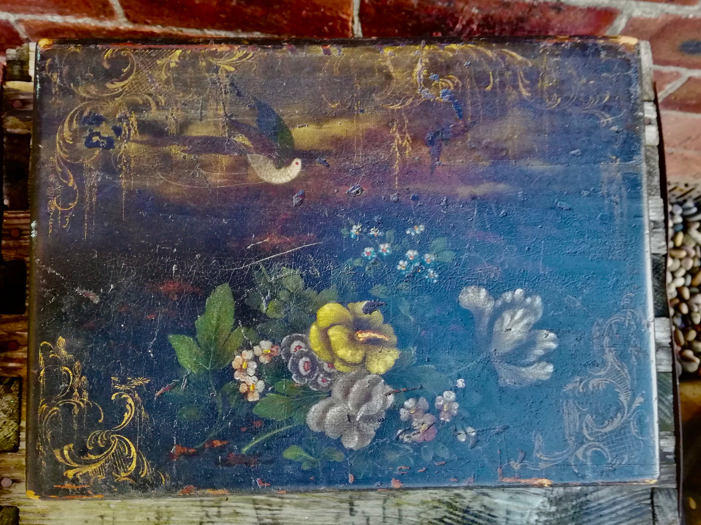 Vintage black hand painted wooden box with birds and flowers