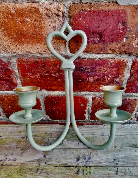 Vintage brass wall sconce hanging candlestick painted in sage green