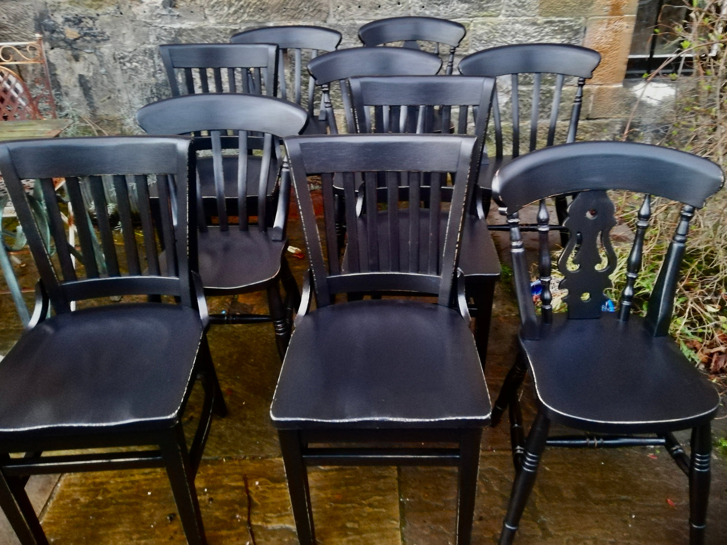 Commission for Corrie 6 x dining chairs and Woven stool painted in Old Violet