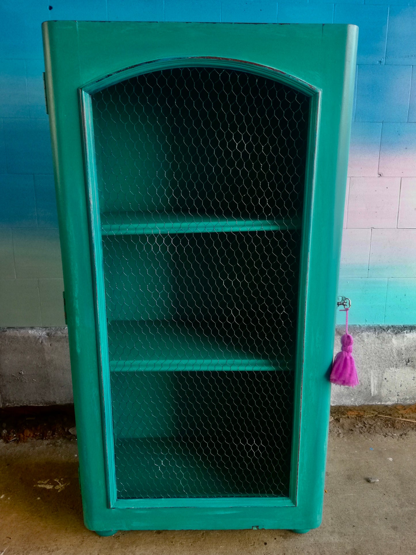 Vintage chicken wire cabinet