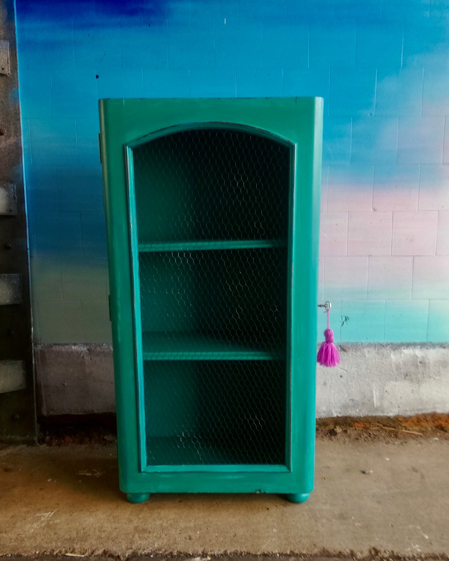 Vintage chicken wire cabinet
