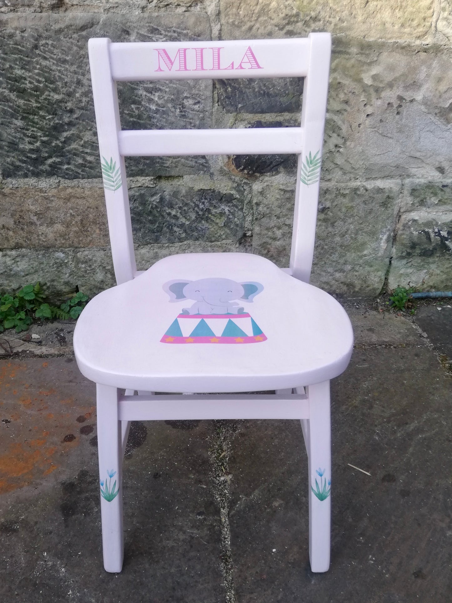 Children's personalised upcycled wooden school chair - elephant and flowers theme