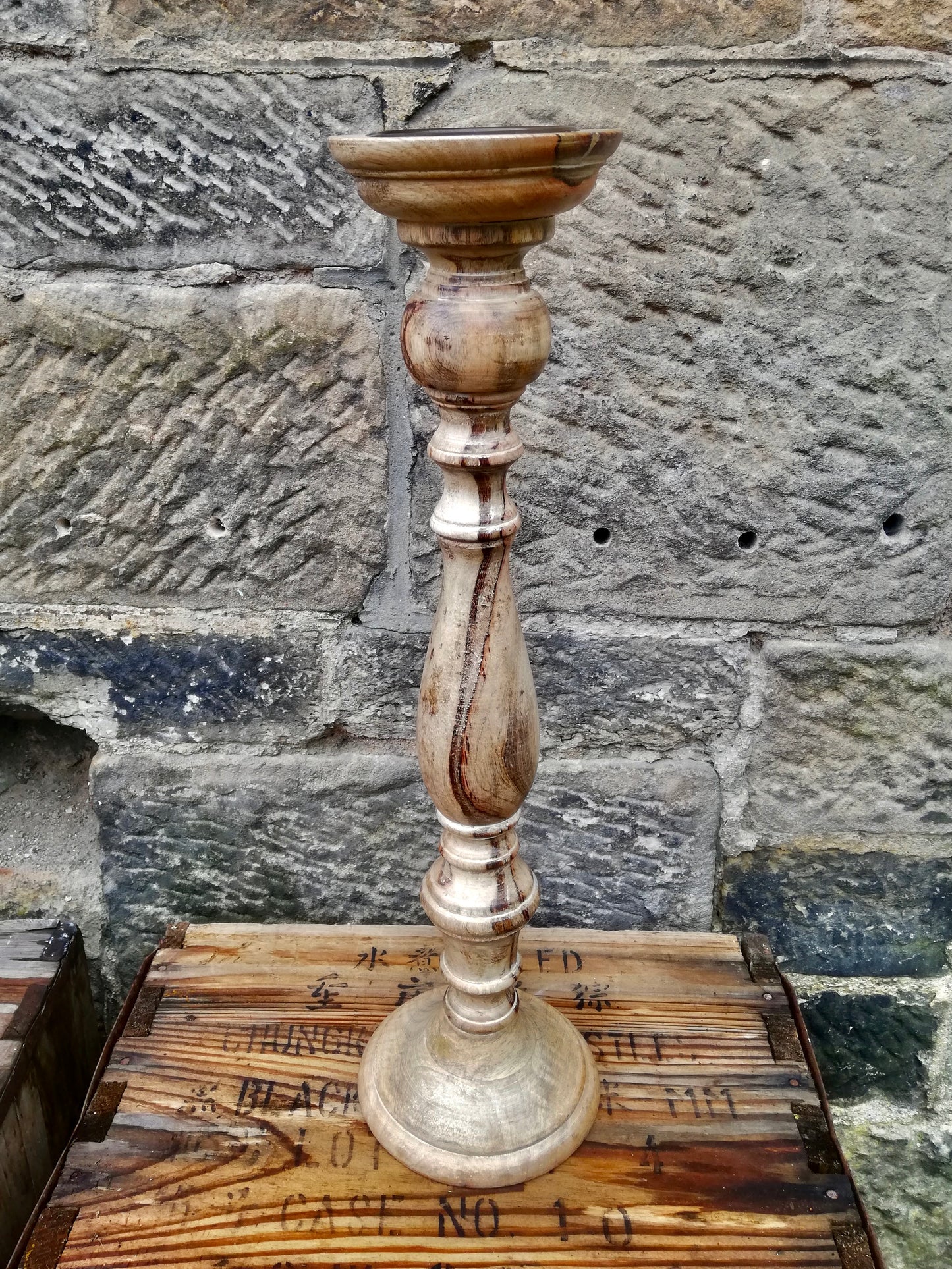 Large vintage wooden candlesticks original paint work with beautiful patina