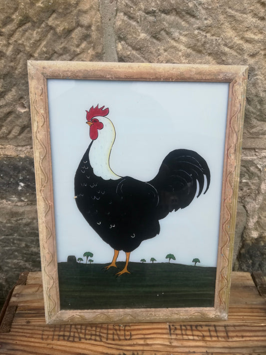 Large Vintage glass painting of a Rooster