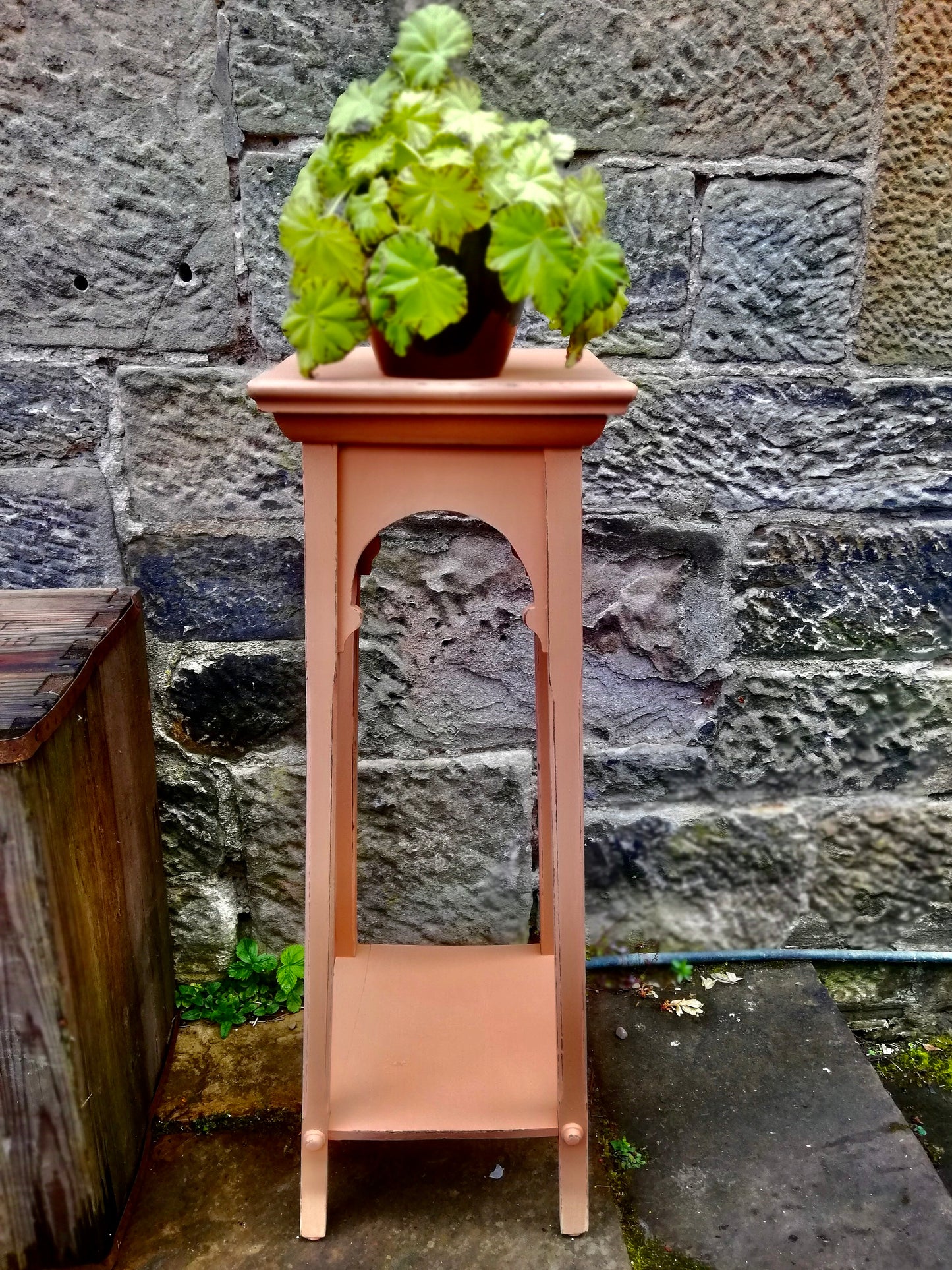 Vintage Wooden Plant Stand painted in soft terracotta and distressed for a vintage finish