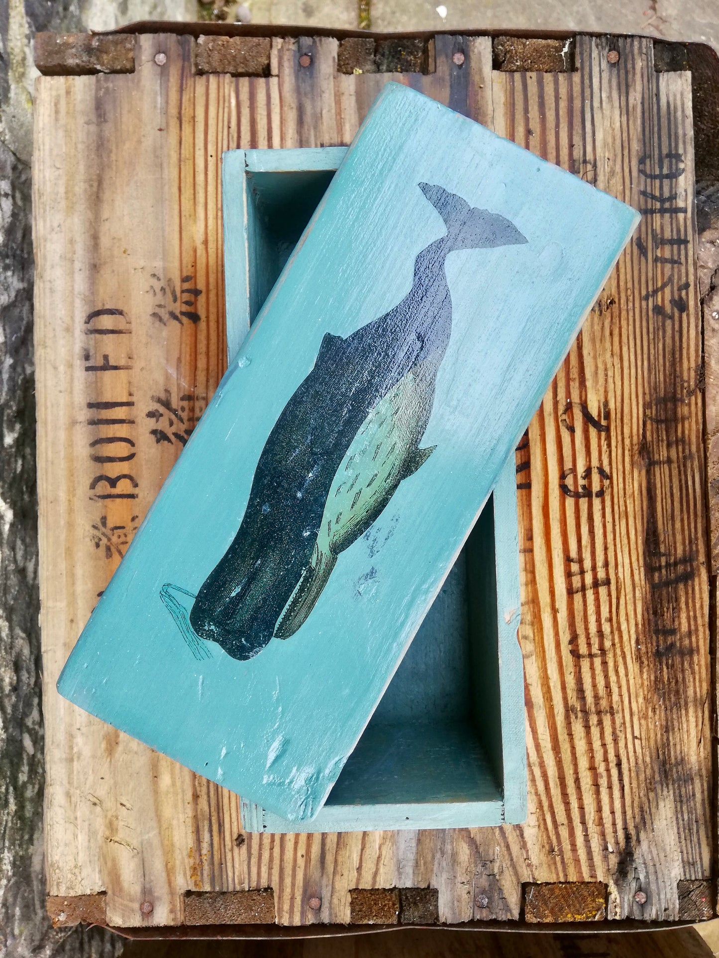 Vintage wooden box with whale design