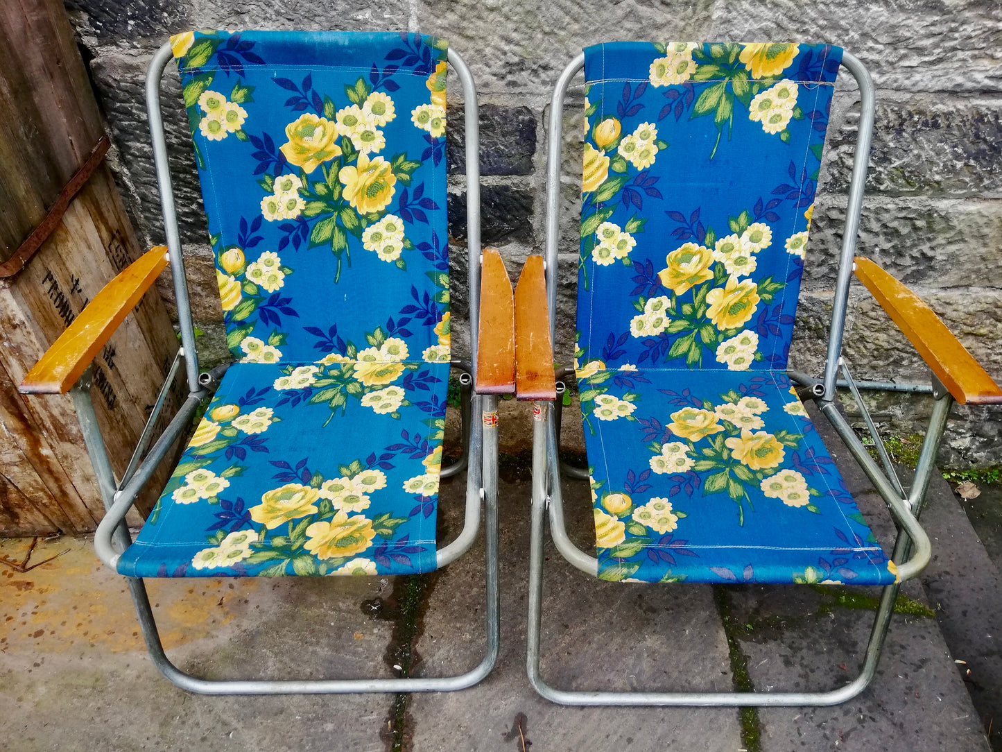 Vintage floral folding barkcloth camping / garden chairs