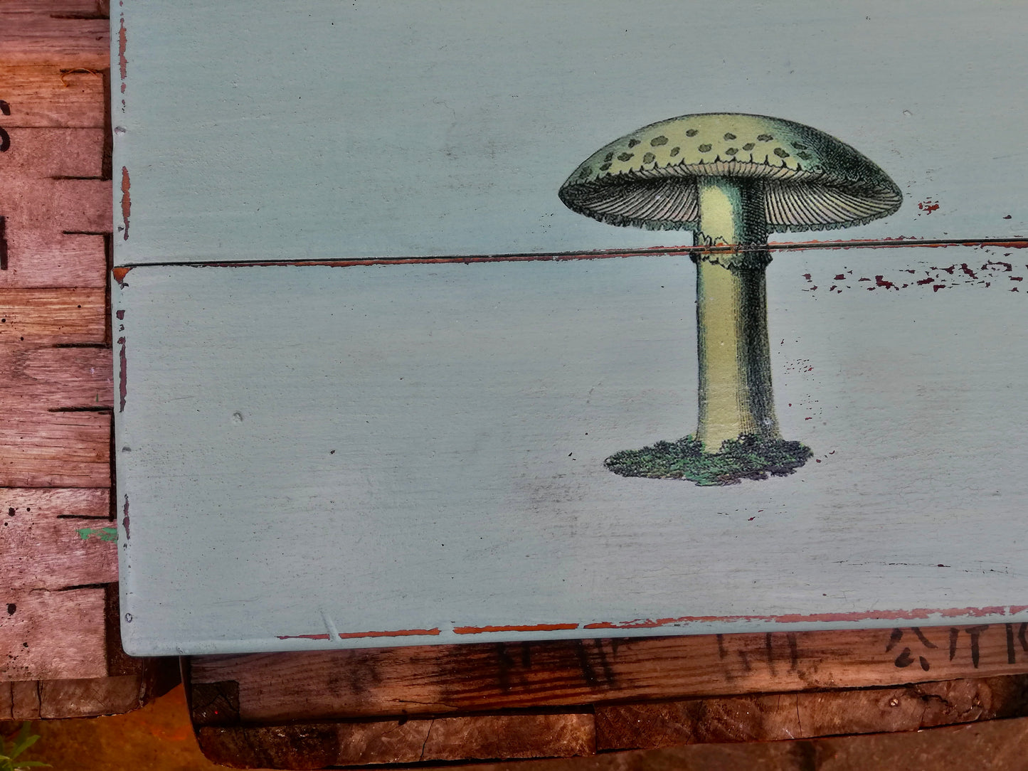 Vintage wooden box with mushroom design