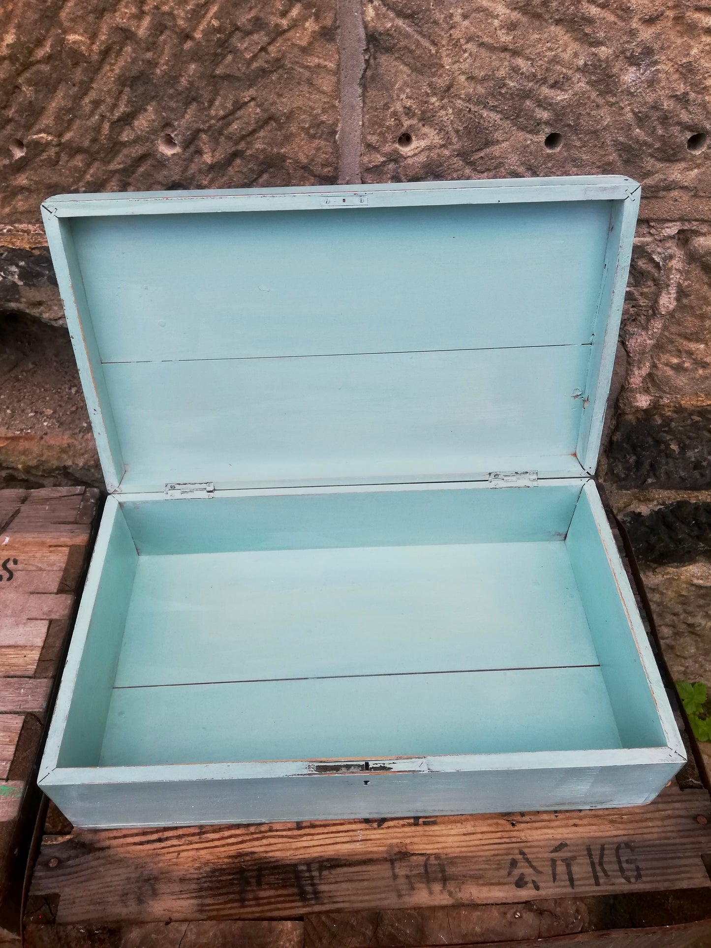 Vintage wooden box with mushroom design