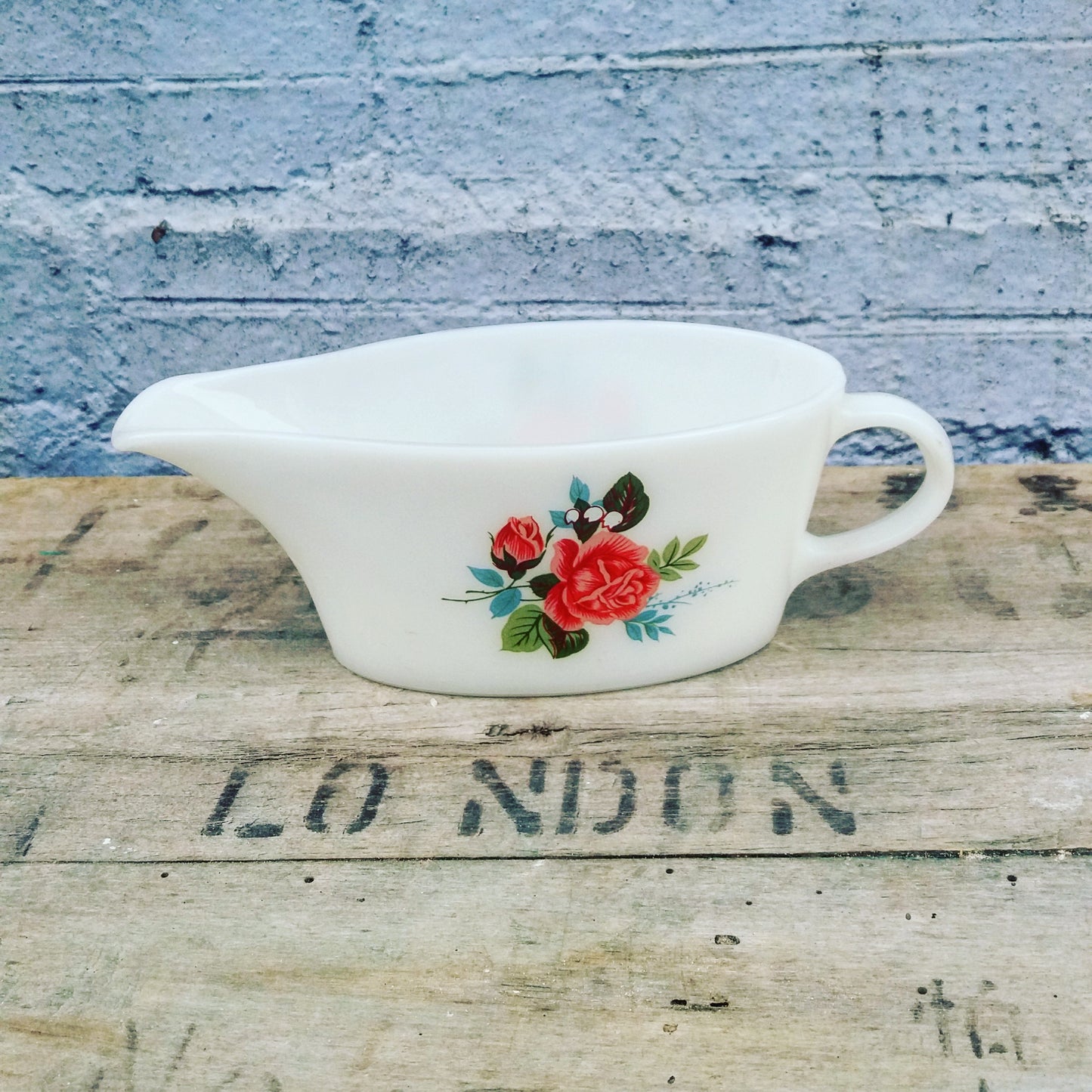 Vintage White Pyrex gravy boat with pink rose design made by JAJ