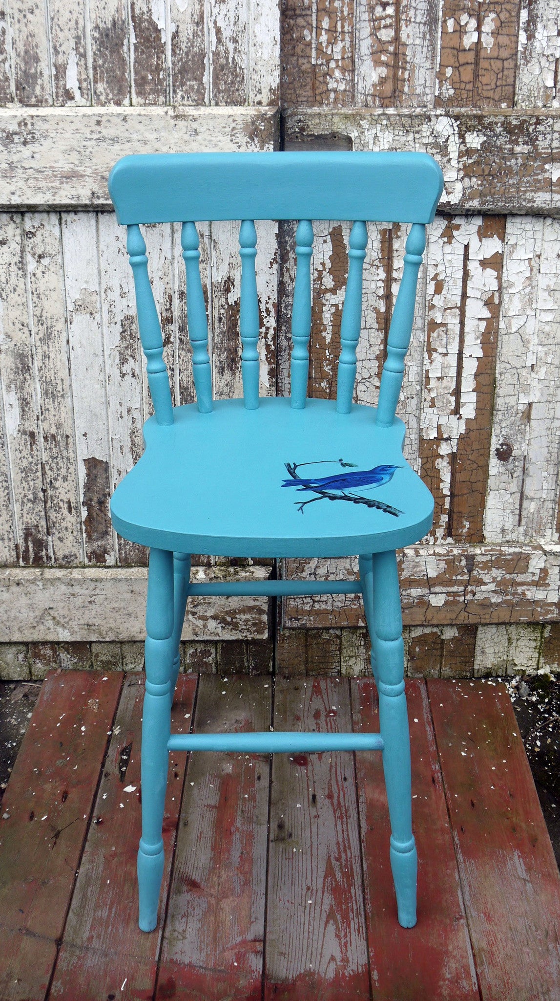PAINTED VINTAGE PINE BAR STOOL WOTH BLUE BIRD DESIGN