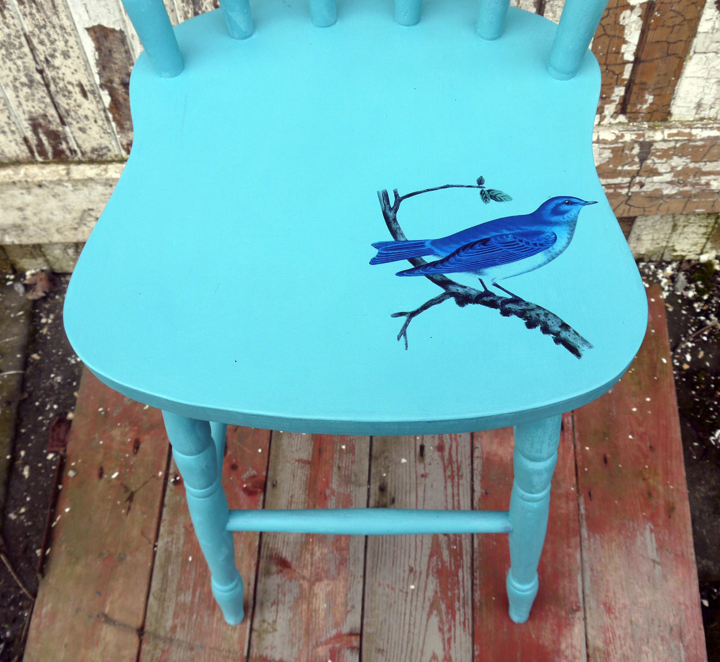 PAINTED VINTAGE PINE BAR STOOL WOTH BLUE BIRD DESIGN