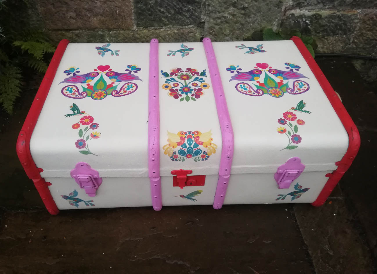  Personalised vintage children's folk art steamer trunk