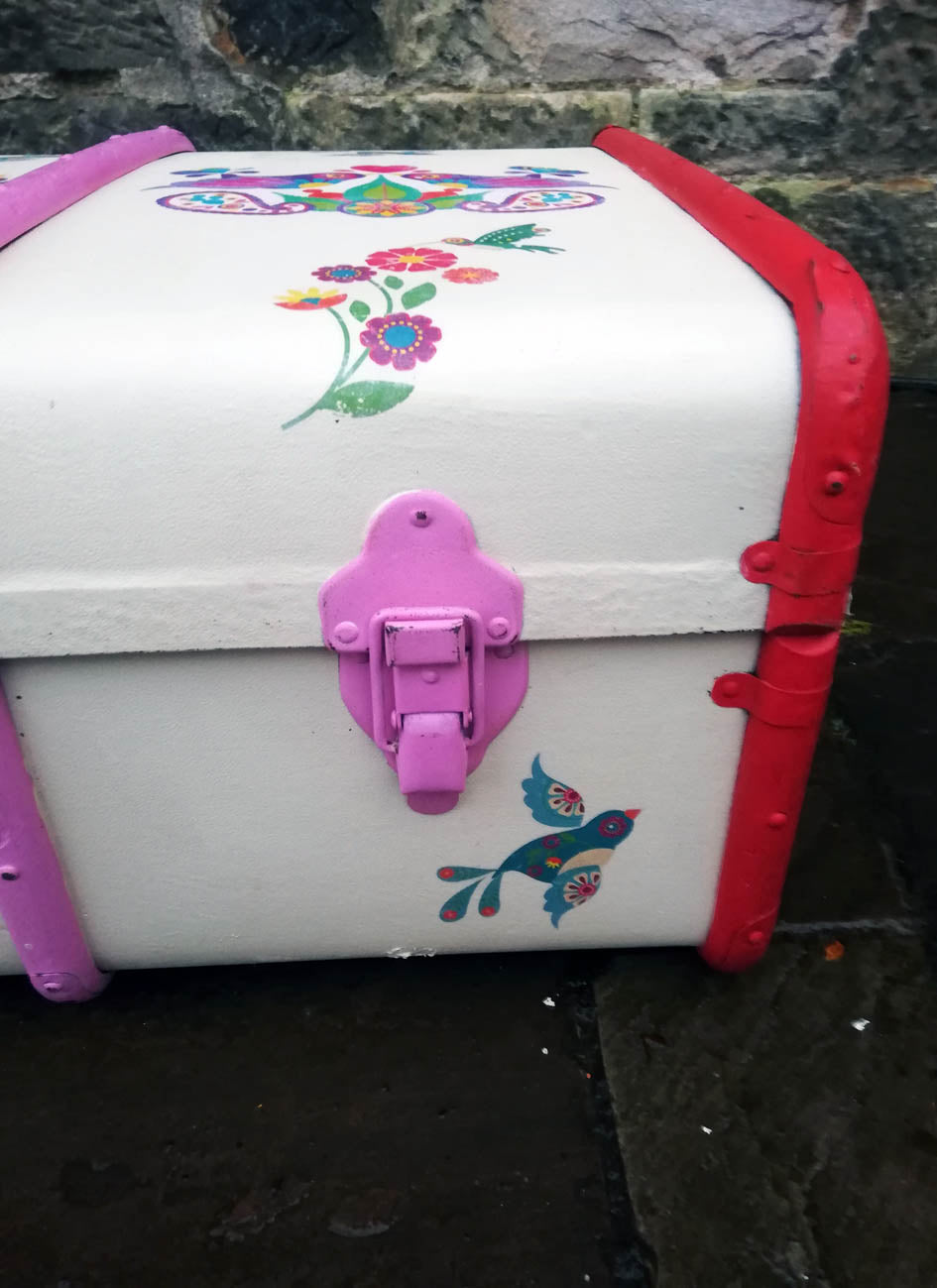 Personalised vintage children's folk art steamer trunk