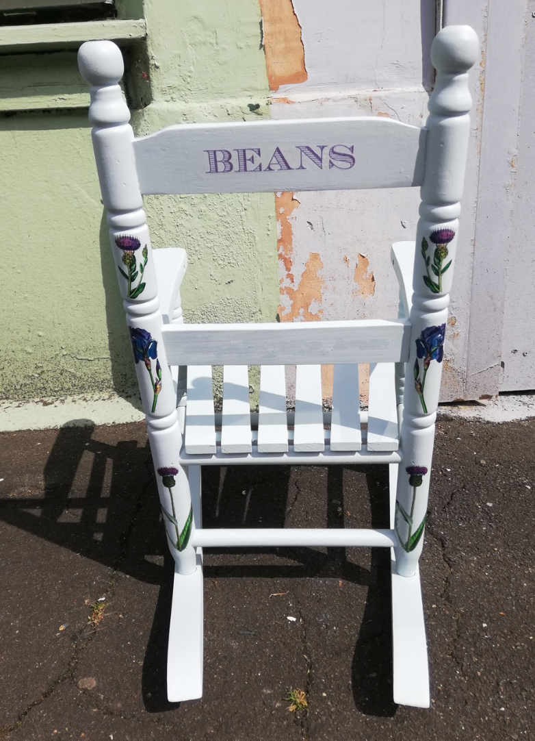 Personalised children's rocking chair with flower theme made to order