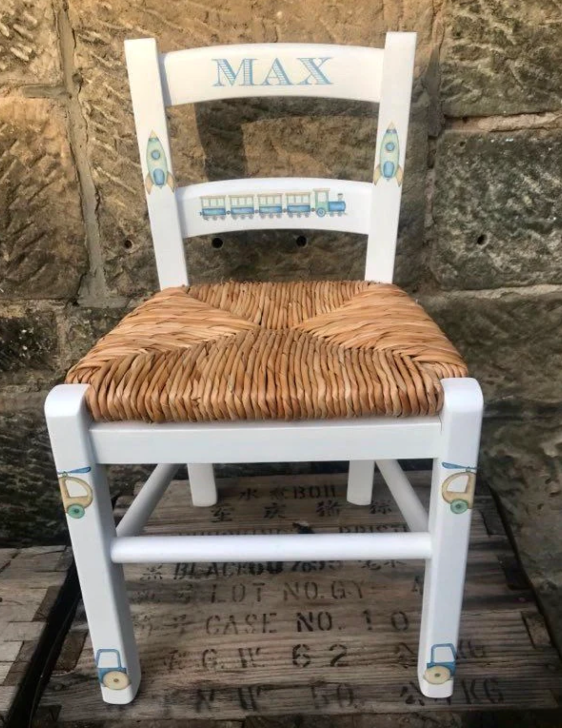 Commission for Kate 2 personalised rush seat children's chairs