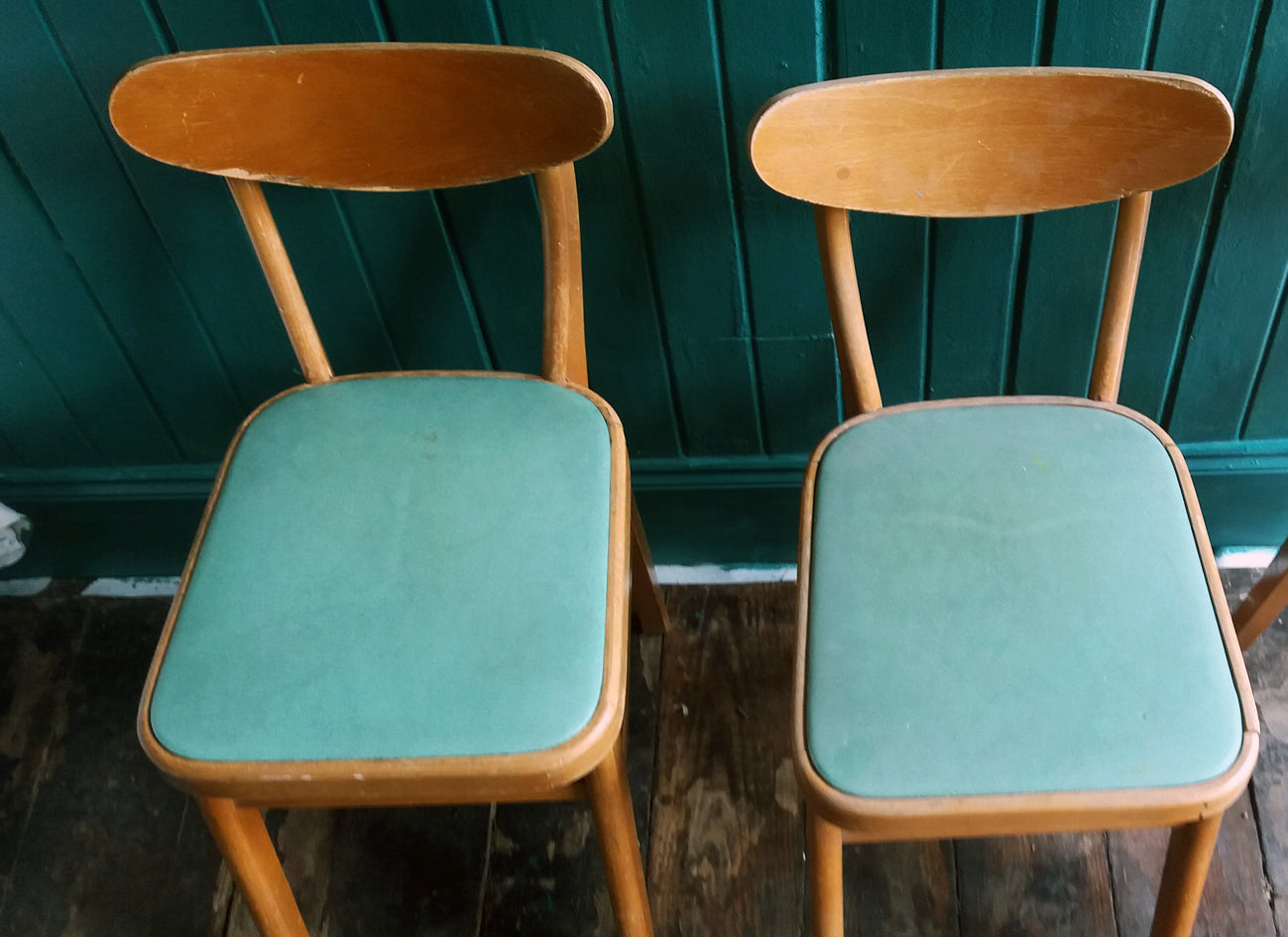 Set of 2 vintage mid century children's chairs with original mint green vinyl seats
