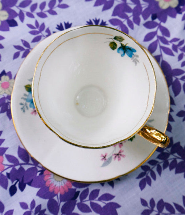 Shabby chic teacups and side plates beautiful set of 4 blue wild rose fine english bone china tea cups by Emily Rose Vintage
