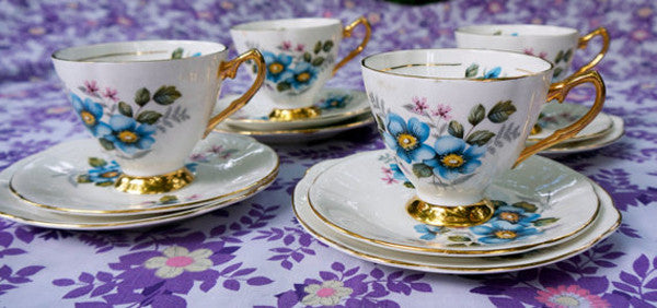 Shabby chic teacups and side plates beautiful set of 4 blue wild rose fine english bone china tea cups by Emily Rose Vintage