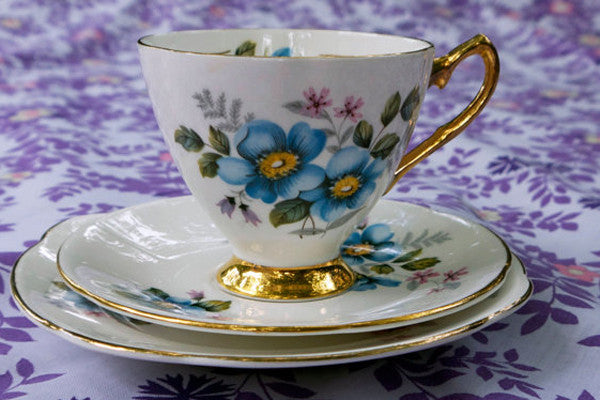 Shabby chic teacups and side plates beautiful set of 4 blue wild rose fine english bone china tea cups by Emily Rose Vintage
