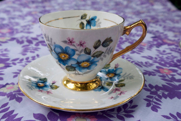 Shabby chic teacups and side plates beautiful set of 4 blue wild rose fine english bone china tea cups by Emily Rose Vintage
