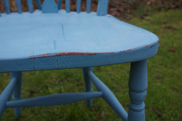 Shabby chic vintage chippy hand painted wheelback chair in miss mustard seed milk paint in French Enamel by Emily Rose Vintage
