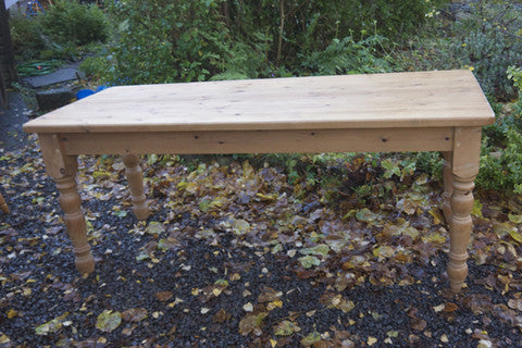 Vintage farmhouse pine dining table with black painted legs and a retro scrub top finish custom order for Claire and Arnaud