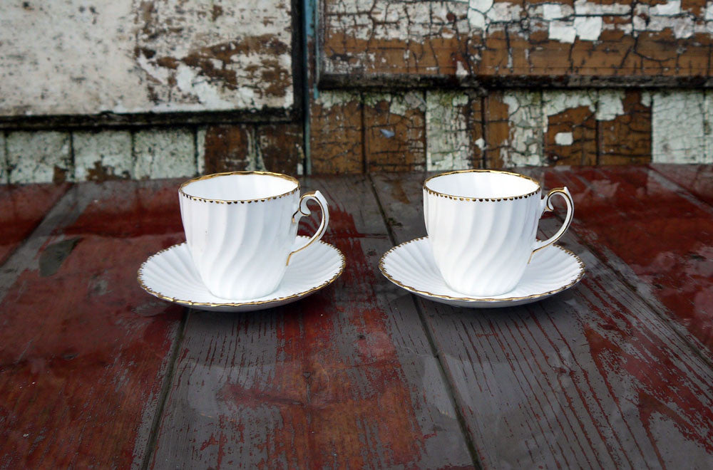 Tea for Two fluted white and gold vintage teacups and saucers