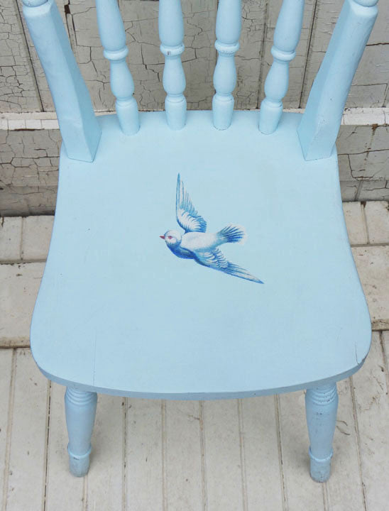 Upcycled baby blue wooden child's nursery chair with vintage dove decoupage design