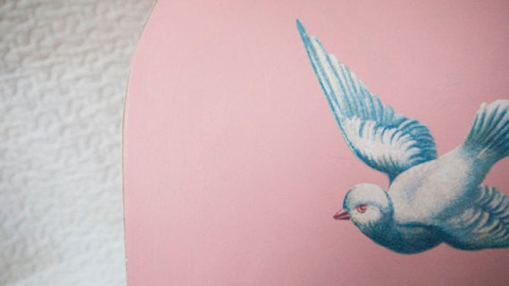 Upcycled baby pink wooden children's heirloom nursery chair with vintage dove design by Emily Rose Vintage