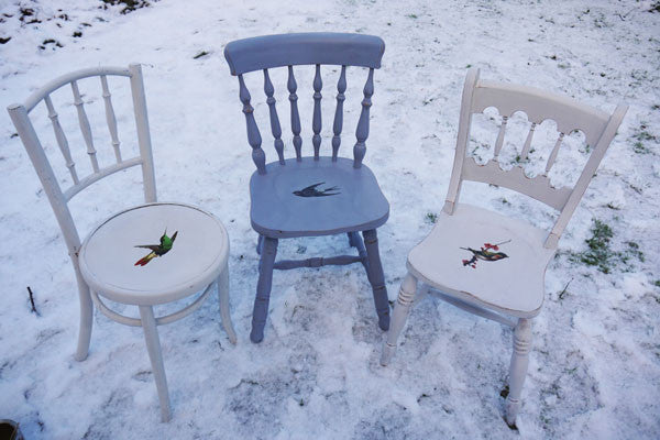 Upcycled mismatched vintage dining chair set decoupaged with your choice of design by Emily Rose Vintage