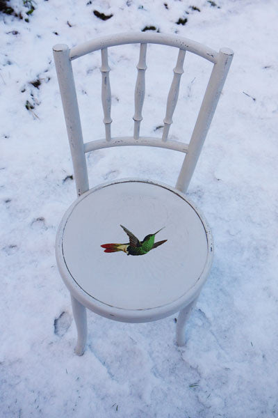 Upcycled mismatched vintage dining chair set decoupaged with your choice of design by Emily Rose Vintage