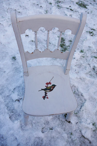 Upcycled mismatched vintage dining chair set decoupaged with your choice of design by Emily Rose Vintage