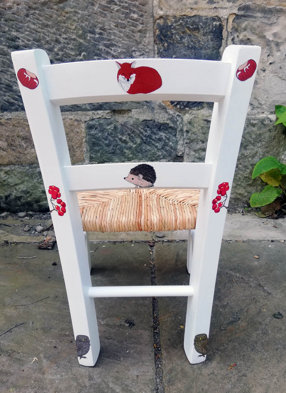 Upcycled rush seat personalised children's chair - british woodland theme - made to order