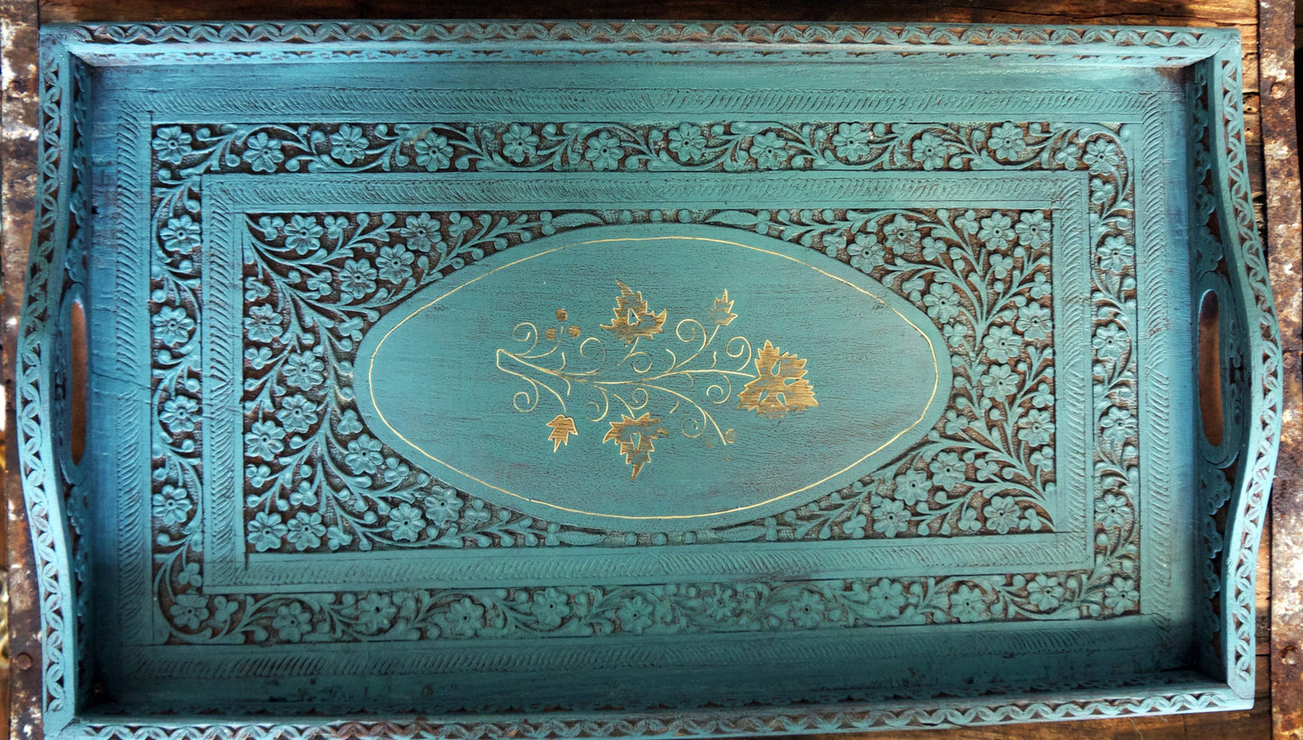Vintage Carved Wooden Tray With Brass Inlay